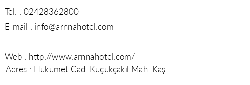 Arnna Hotel telefon numaralar, faks, e-mail, posta adresi ve iletiim bilgileri